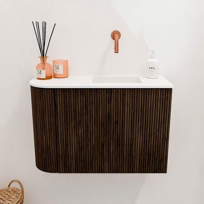 Mondiaz JOYA 61.6cm toiletmeubel - ronding links kleur Walnut - Wastafel FAYE positie Rechts Zonder kraangat kleur Talc.