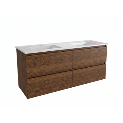 Saniclass Holz Pure Meuble de salle de bain - 140x45x60cm - lavabo en céramique blanc - 2 vasques - 2 trous de robinet - 4 tiroirs - Walnut pure