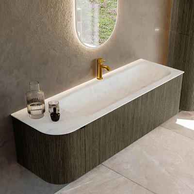 Mondiaz KURVE-DLUX Badkamermeubelset - 145x46x40cm - 1 lade - 1 deur - wastafel solid surface - rechts - 1 kraangat - Shadow
