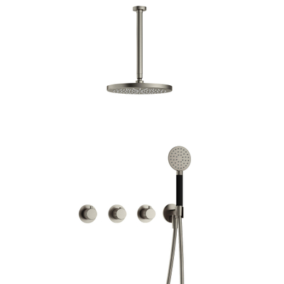Hotbath Cobber X IBSX70 Regendoucheset inbouw - hoofddouche 30cm - plafondarm 30cm - handdouche rond 3 standen - geborsteld nikkel