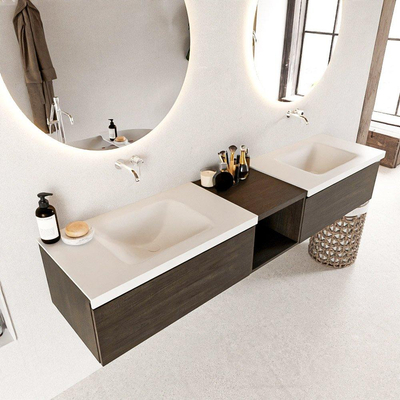 MONDIAZ BUKLA 200cm badmeubel met open module 40 kleur Dark Brown met 2 lades. Wastafel CLOUD dubbel 0 kraangaten kleur Talc.