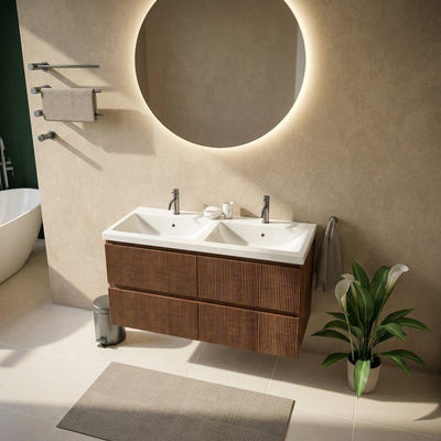 Saniclass Holz Atelier Ensemble de meubles de salle de bains - 120x45x63.5cm - lavabo Bari en céramique blanc - 2 vasques - 2 trous de robinetterie - 2 tiroirs - noyer pure mat (bois)