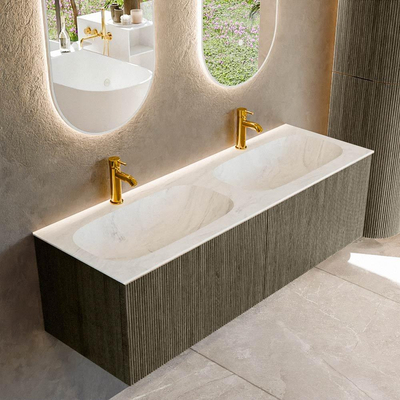 Mondiaz KURVE-DLUX Ensemble meuble de salle de bains - 140x46x40cm - 2 tiroirs - lavabo solid surface - double - 2 trous de robinet - Shadow