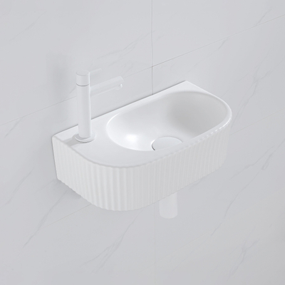 QeramiQ Fuente Ensemble de Lavabo - 40x21.5x12cm - gauche - strié - demi-rond - 1 trou de robinet - céramique - ensemble de robinet blanc mat - bouchon de vidange - siphon abaissé - blanc mat