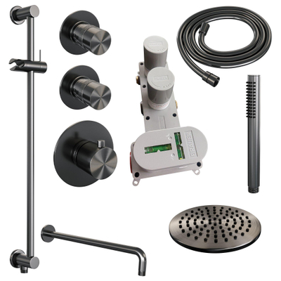 Brauer Gunmetal Edition Regendoucheset inbouw - hoofddouche 20cm - Wandarm - glijstang - met inbouwdeel - Gladde knoppen - handdouche Staaf 1 stand - PVD - geborsteld gunmetal