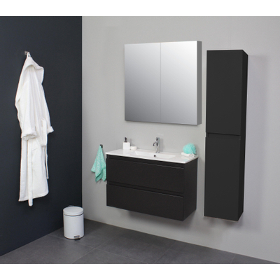 Basic Bella Meuble avec lavabo en porcelaine 1 trou de robinet 80x55x46cm avec armoire toilette à 2 portes gris Anthracite mat