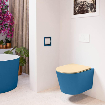 Mondiaz LAVIE hangtoilet – spoelrandloos – 36 x 53 cm – met softclose zitting – Jeans (blauw), zitting Sand (beige)