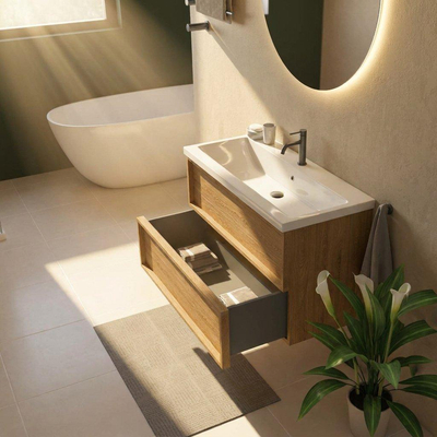 Saniclass Holz Frame Ensemble meuble de salle de bains - 100x45x63.5cm - Bari lavabo en céramique blanc - 1 vasque - 1 trou de robinet - 2 tiroirs - chêne natural mat (bois)