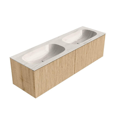 MONDIAZ KURVE-DLUX Meuble de salle de bains 150 cm couleur Oak avec 2 tiroirs et 0 portes. Lavabo STOR SMALL Double 2 trous de robinet Meli.