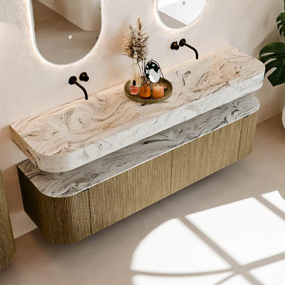 MONDIAZ THOR-DLUX 180cm meuble de salle de bains arrondi gauche + droite couleur Dusk avec 2 tiroirs et 2 portes. Vasque suspendue CLOUD Double sans trou de robinet couleur Glace.