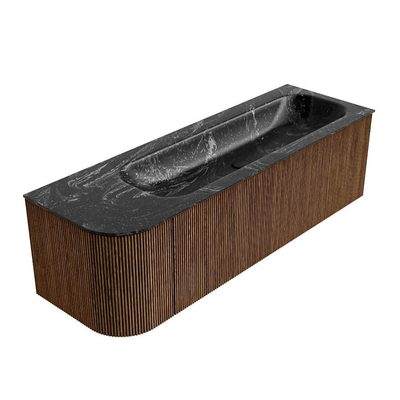 MONDIAZ KURVE-DLUX 145cm Meuble salle de bain avec module 25 G - couleur Walnut - 1 tiroir - 1 porte - vasque BIG LARGE droite - 2 trous de robinet - couleur Lava