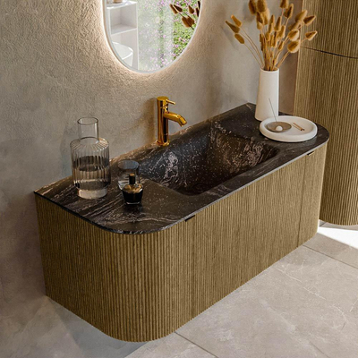 Mondiaz KURVE-DLUX Ensemble de meuble salle de bain - 110x46x40cm - 1 tiroir - 2 portes - lavabo en solid surface - milieu - 1 trou de robinet - Dusk