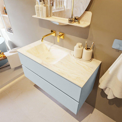 Mondiaz VICA-DLUX ensemble de meuble de salle de bain - 100cm - meuble sous-vasque argile - 2 tiroirs - lavabo encastré nuage gauche - sans trous de robinet - version haute 60cm - ostra