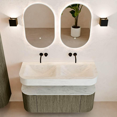 MONDIAZ THOR-DLUX 120cm meuble de salle de bains arrondi gauche + droite couleur Shadow avec 1 tiroir et 2 portes. Vasque suspendue CLOUD Double sans trou de robinet couleur Opalo.