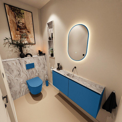 MONDIAZ TURE-DLUX Meuble toilette - 120cm - Jeans - EDEN - vasque Glace - position centrale - sans trou de robinet