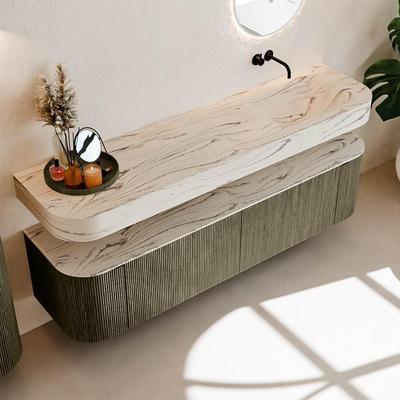 MONDIAZ THOR-DLUX Meuble de salle de bains - 180cm - arrondi gauche + droite - couleur Shadow - 2 tiroirs - 2 portes - Vasque suspendue CLOUD Droite sans trou de robinet - couleur Nata