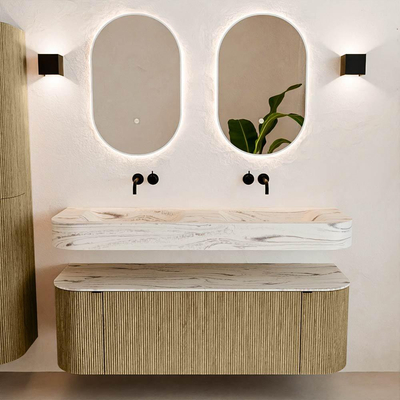 MONDIAZ THOR-DLUX 140cm meuble de salle de bains arrondi gauche + droite couleur Dusk avec 1 tiroir et 2 portes. Vasque suspendue CLOUD Double sans trou de robinet couleur Nata.