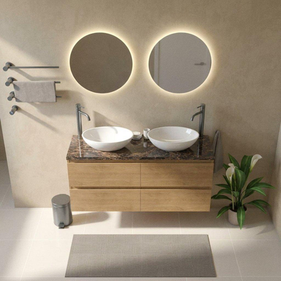 Saniclass Holz Pure Ensemble meuble de salle de bains - 140x45x63cm - Plan de travail en pierre naturelle Noche dark emperador - 2 trous de robinet - 4 tiroirs - chêne natural mat (bois)