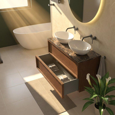 Saniclass Holz Frame Ensemble de meubles de salle de bains - 120x45x63cm - Plan de travail en pierre naturelle Noche dark emperador - sans trou de robinet - 2 tiroirs - walnut pure mat (bois)