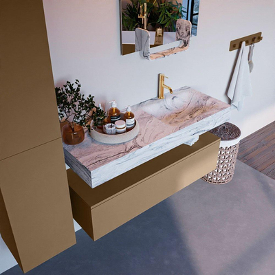 Mondiaz ALAN-DLUX Ensemble de meuble - 120cm - meuble Oro mat - 1 tiroir - Lavabo Cloud Glace suspendu - vasque Droite - 1 trou de robinet