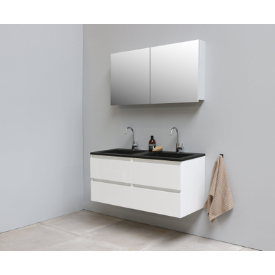 Basic Bella Meuble salle de bains avec lavabo acrylique Noir avec armoire toilette 2 portes gris 120x55x46cm 2 trous de robinet Blanc brillant