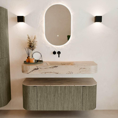 MONDIAZ THOR-DLUX 120cm meuble de salle de bains arrondi gauche + droite couleur Shadow avec 1 tiroir et 2 portes. Vasque suspendue CLOUD Milieu sans trou de robinet couleur Arena.