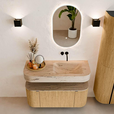 MONDIAZ THOR-DLUX 110cm badmeubel ronding links + rechts kleur Oak met 1 lade en 2 deuren. Vrijhangende wastafel CLOUD Rechts zonder kraangat kleur Arena.