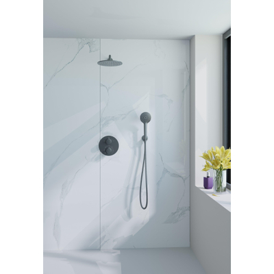 Fortifura Calvi Ensemble de douche à l'italienne - rond - thermostatique - bras mural - douche principale de 25 cm - douchette ronde - flexible lisse - Gunmetal PVD brossé