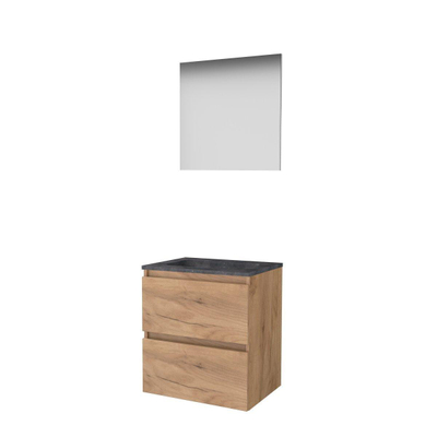 Basic-Line Basic 46 ensemble de meubles de salle de bain 60x46cm sans poignée 2 tiroirs en pierre dure lavabo 0 trous de robinetterie miroir mfc whisky oak