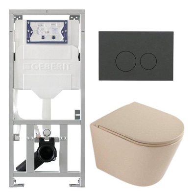 QeramiQ Dely Toiletset - 36.3x51.7cm - diepspoel - rimless - Geberit UP320 inbouwreservoir - softclose toilet zitting - bedieningsplaat mat antraciet - ronde knoppen - mat beige
