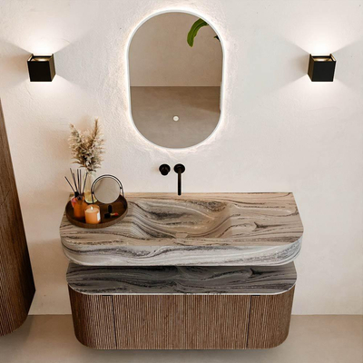 MONDIAZ THOR-DLUX 120cm meuble de salle de bains arrondi gauche + droite couleur Walnut avec 1 tiroir et 2 portes. Vasque suspendue CLOUD Centre sans trou de robinet couleur Sombra.