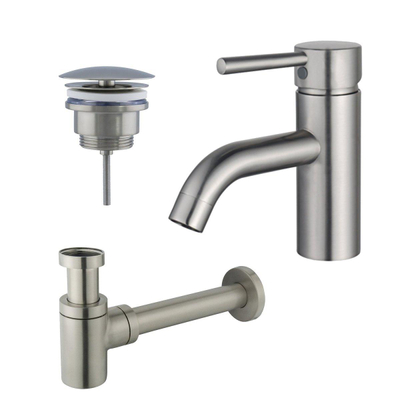 FortiFura Calvi Kit mitigeur lavabo - robinet bas - bonde non-obturable - siphon design bas - PVD Inox brossé