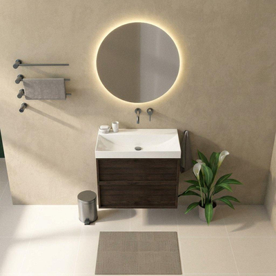 Saniclass Holz Frame Ensemble meuble de salle de bains - 80x45x67.5cm - lavabo Wave en céramique - 1 vasque - sans trou de robinet - 2 tiroirs - chêne charcoal mat (bois)