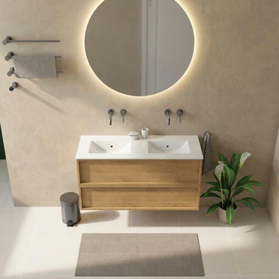 Saniclass Holz Frame Ensemble de meubles de salle de bains - 120x45x62cm - lavabo Vygo en céramique - 2 vasques - sans trous de robinetterie - avec trop-plein - 2 tiroirs - chêne naturel mat (bois)