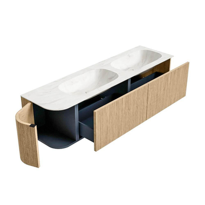 MONDIAZ KURVE-DLUX meuble de salle de bains 165 cm avec module 25 L couleur Chêne avec 2 tiroirs et 1 porte. Lavabo STOR SMALL double / droite 2 trous de robinet couleur Ostra.