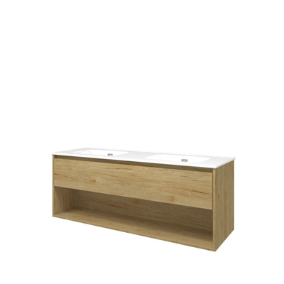 Proline elegant ensemble de meubles de salle de bain 140x46x54cm meuble avec étagère idéal en chêne double avec 2 trous pour robinetterie porcelaine blanc brillant