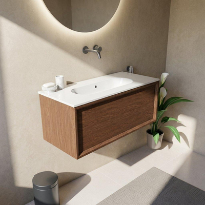 Saniclass Holz Frame Ensemble de meubles de salle de bains - 100x45x53.9cm - Lavabo en céramique Chaci blanc - 1 vasque - sans trou de robinet - 1 tiroir - mat walnut pure (bois)