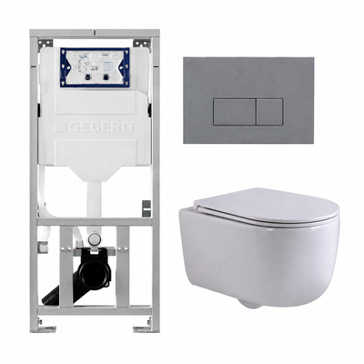 QeramiQ Dely Swirl Pack WC suspendu - 36.3x51.7cm - bâti-support Geberit UP320 - abattant slim - plaque de commande gris clair - boutons rectangulaires - blanc brillant