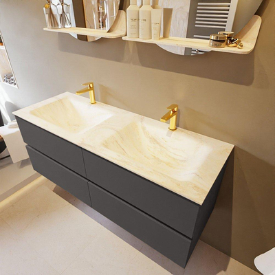 Mondiaz VICA-DLUX Ensemble de meuble de salle de bain - 130cm - meuble sous-vasque gris foncé - 4 tiroirs - lavabo encastré cloud double - 2 trous de robinet - version haute de 60cm - ostra