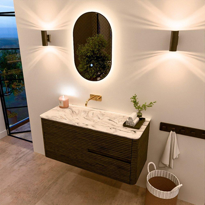 Mondiaz CIRO-DLUX Ensemble de meubles de salle de bains - 110x45x50cm - vasque solid surface Glace - 1 lavabo à gauche - sans trous de robinet - 2 tiroirs - Shadow