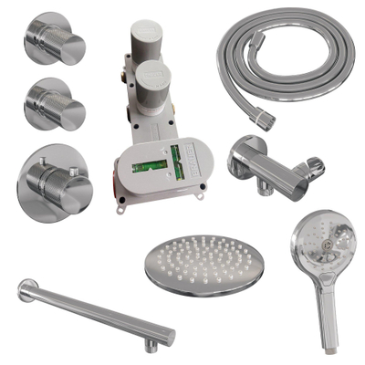 Ensemble de douche à encastrer Brauer Chrome Carving - douche principale 20 cm - 3 boutons avec relief - bras mural droit - douchette ronde 3 positions - chrome