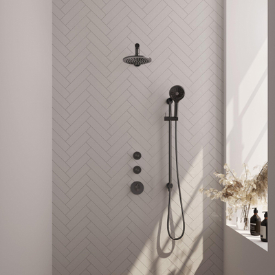 BRAUER Gunmetal Carving inbouw regendoucheset – Ø20 cm hoofddouche – 40 cm rechte wandarm – ronde handdouche – glijstang 70 cm