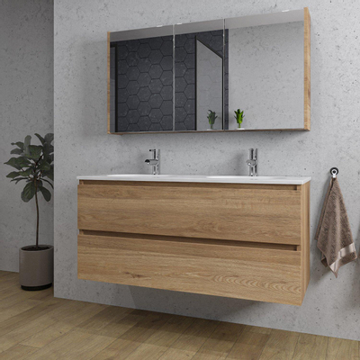 Saniclass Chaci Ensemble meuble de salle de bains - 120x46x55cm - lavabo en céramique blanc - 2 lavabos ovales - 2 trous de robinet - 2 tiroirs - armoire de toilette - chêne