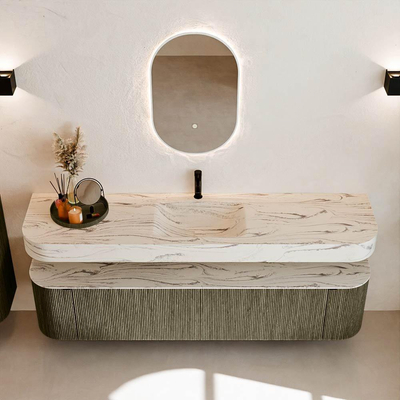 MONDIAZ THOR-DLUX Meuble de salle de bains - 190cm - arrondi gauche + droite - couleur Shadow - 2 tiroirs - 2 portes - Vasque suspendue CLOUD Milieu 1 trou de robinet couleur Nata