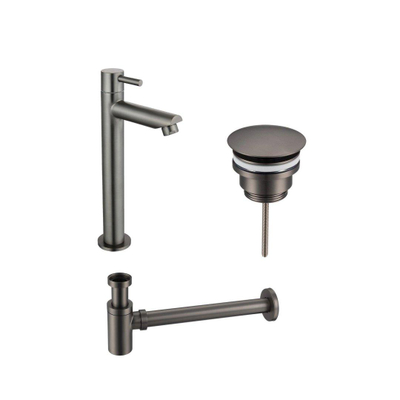 Fortifura Calvi Fonteinkraanset - staande fonteinkraan hoog - always open plug - design sifon - PVD Geborsteld Geborsteld Gunmetal PVD