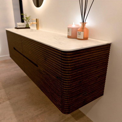 Mondiaz CIRO-DLUX Badkamermeubelset - 180x45x50cm - Solid surface wastafel Opalo - 1 wasbak Links - 1 kraangat - 4 lades - Walnut