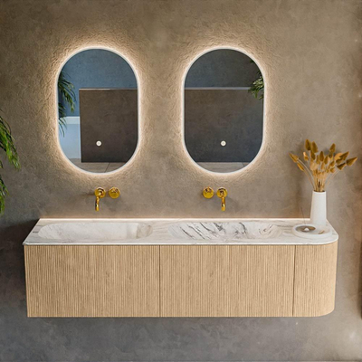 MONDIAZ KURVE-DLUX 165cm Meuble salle de bain avec module 25 D - couleur Oak - 2 tiroirs - 1 porte - vasque STOR SMALL double / gauche - sans trou de robinet - couleur Glace