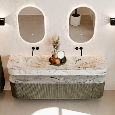 MONDIAZ THOR-DLUX 180cm meuble de salle de bains arrondi gauche + droite couleur Shadow avec 2 tiroirs et 2 portes. Vasque suspendue CLOUD Double sans trou de robinet couleur Glace.