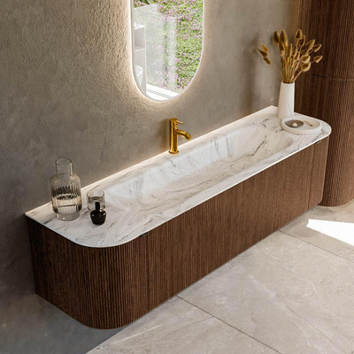 MONDIAZ KURVE-DLUX 170cm Meuble salle de bain avec module 25 G et D - couleur Walnut - 1 tiroir - 2 portes - vasque BIG LARGE centre - 1 trou de robinet - couleur Glace