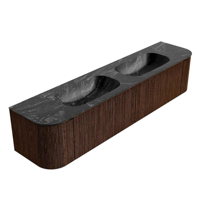 MONDIAZ KURVE-DLUX 200cm badmeubel met module 25 Len R kleur Walnut met 2 lades en 2 deuren. Wastafel STOR SMALL dubbel zonder kraangat kleur Lava.